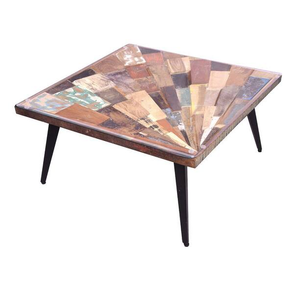 The Urban Port 36 In Multi Colored Medium Square Wood Coffee Table With Sunburst Design Glass Inserted Top Upt 197218 The Home Depot