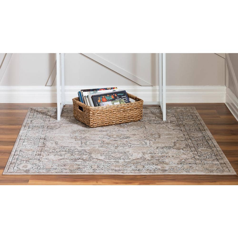 Modern Elegance Ivory & Gray Square Synthetic Area Rug, 4' x 4'
