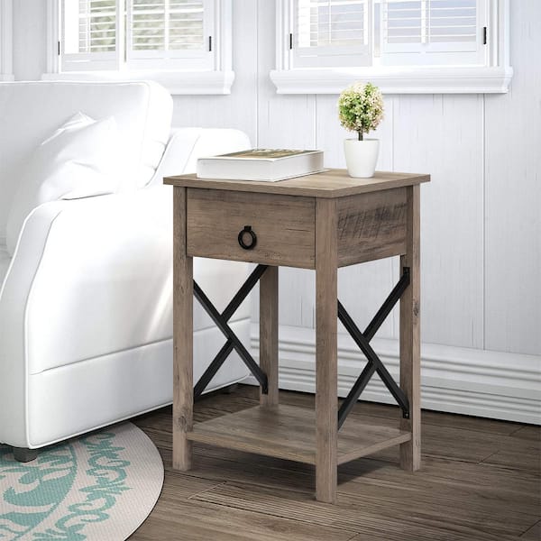 Oumilen 23.62 in. Gray Nightstand Narrow End Side Table with Storage Farmhouse Wood End Table with USB Ports and Power Outlets