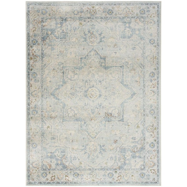 HomeRoots 5 ft. x 7 ft. Blue and Ivory Floral Medallion Power Loom ...