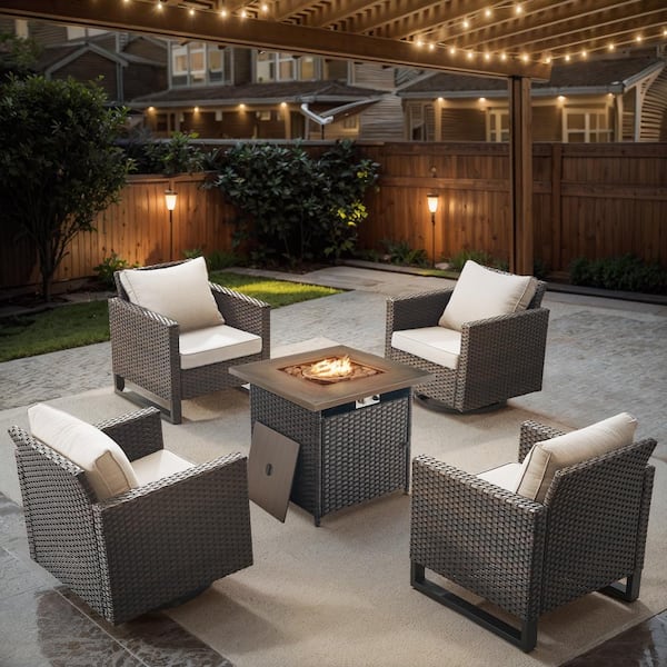 Opohoro U-Weave 5-Piece Brown Wicker Outdoor Square Fire Pit Conversation Set with Beige Cushions and Swivel Rocking Chairs