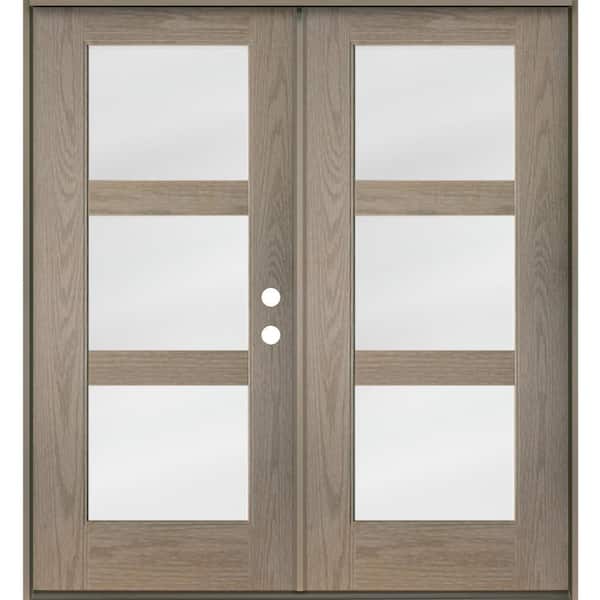 Krosswood Doors Modern 72 in. x 80 in. 3-Lite Left-Active in Swing Satin Glass Oiled Leather Stain Double Fiberglass Prehung Front Door