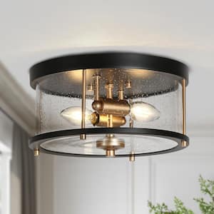 Modern 11 in. 2-Light Dark Gold and Black Minimalist Flush Mount with Drum Seeded Glass Shade, Drum Ceiling Light
