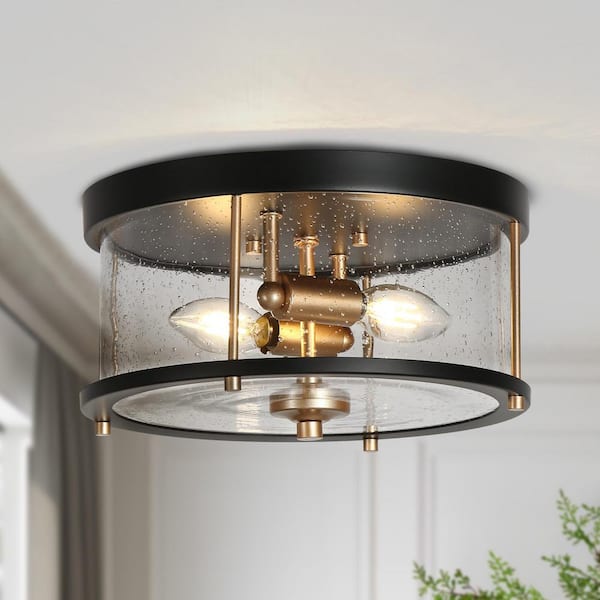 LNC Modern 11 in. 2-Light Dark Gold and Black Minimalist Flush Mount with Drum Seeded Glass Shade, Drum Ceiling Light