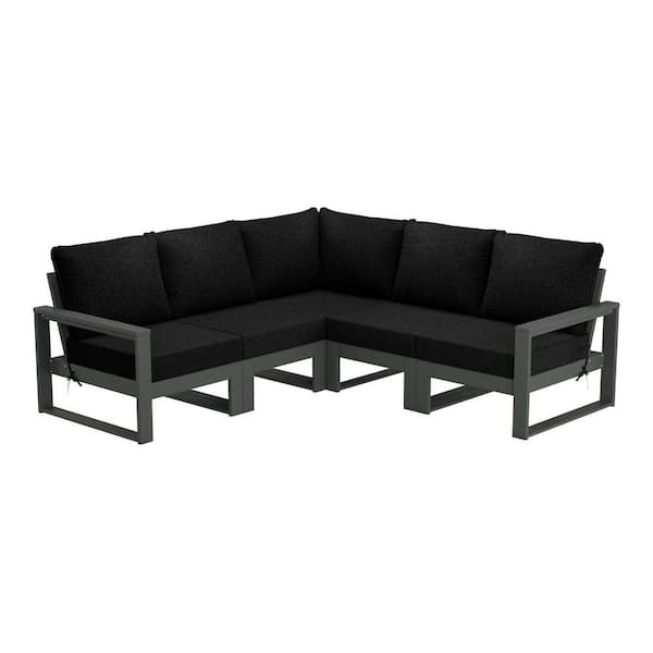 Endless Gray Frame 5-Piece HDPE Plastic Outdoor Patio Modular Sectional Set with Black Cushions