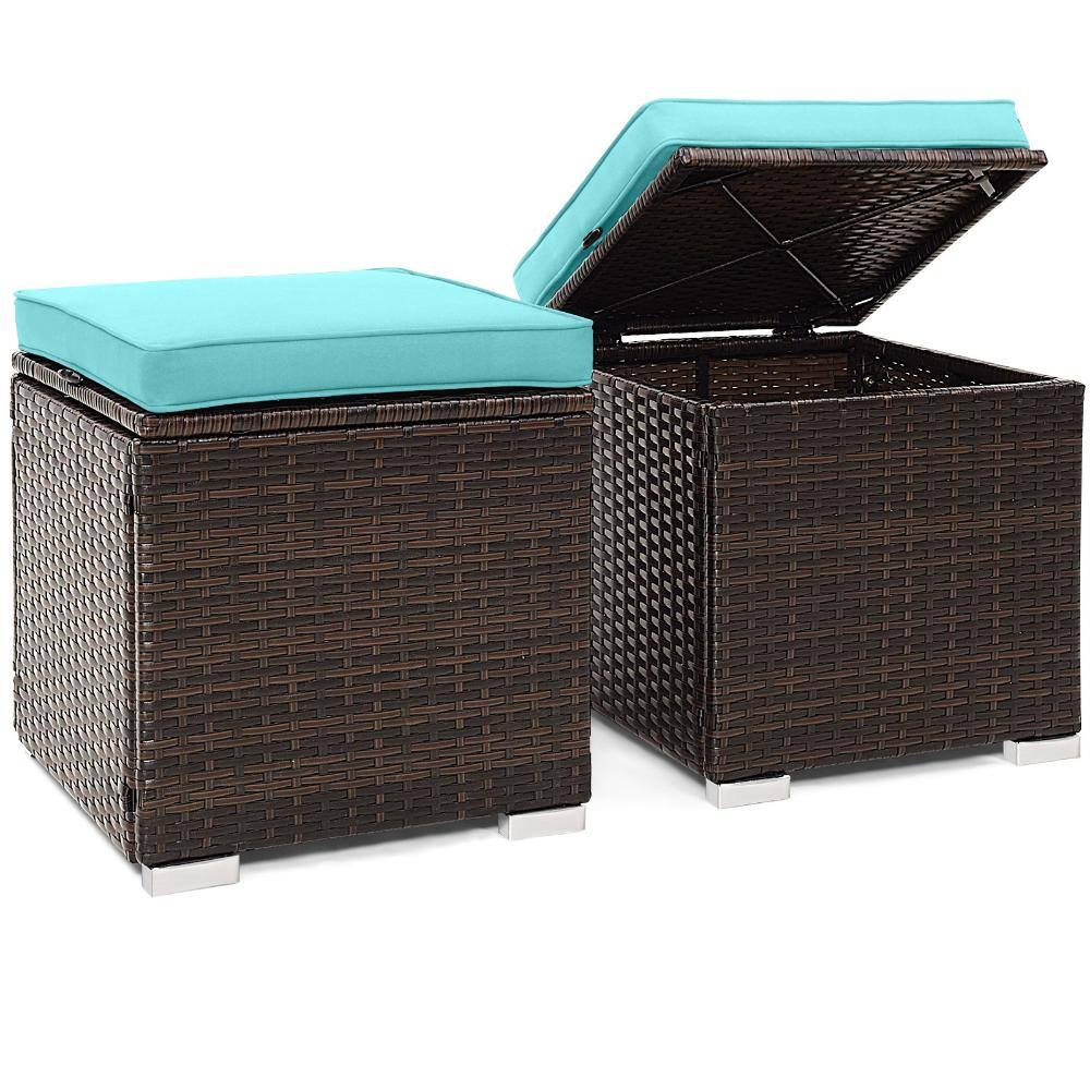 Set of 2 16 in. PE Rattan Outdoor Storage Ottomans with Cushions, Turquoise