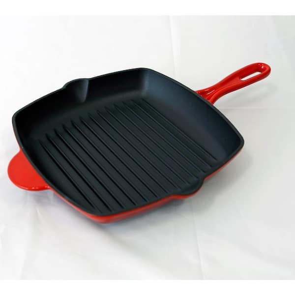 1-Piece 11 in. Enameled Cast Iron Steak Grill Pan, Square Skillet with Drip Spout, For All Cooktops (HDNCCIES47)