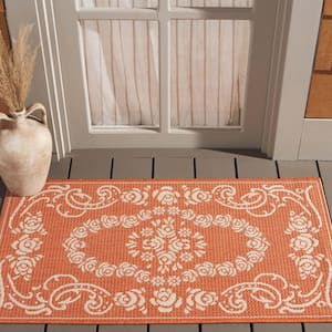 Courtyard Terracotta/Natural Doormat 2 ft. x 4 ft. Floral Indoor/Outdoor Patio Area Rug