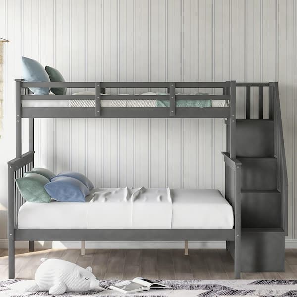 ANBAZAR Low Wood Gray Bunk Bed Frame with Staircase, Twin Over Full ...