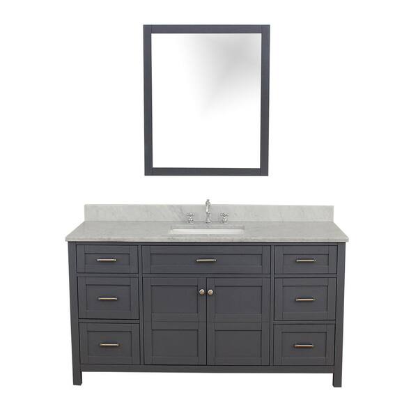 Unbranded Vancouver 61 in. W x 22 in. D Bath Vanity in Gray with Marble Vanity Top in White with White Basin and Mirror