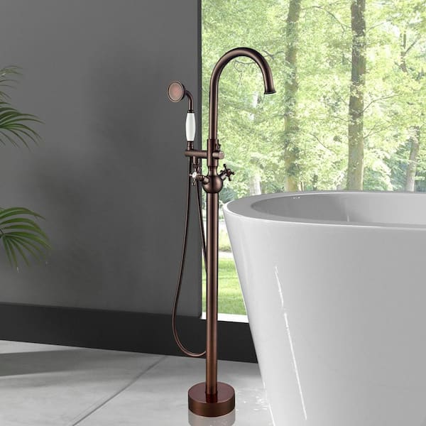 2-Handle Floor Mount Freestanding Tub Faucet with Hand Shower in Oil Rubbed Bronze