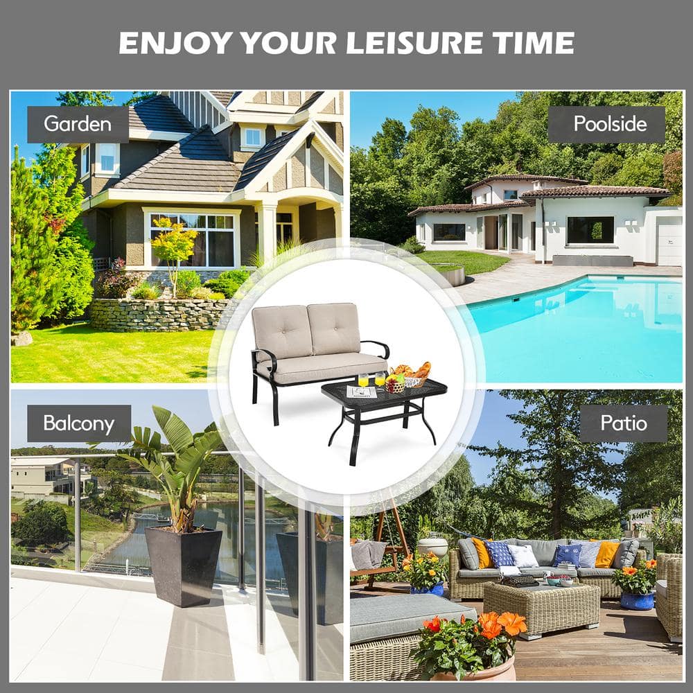 Modern Black Steel Outdoor Loveseat with Beige Cushions and Coffee Table