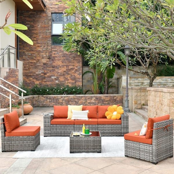 HOOOWOOO Crater Gray 6-Piece Wicker Wide-Plus Arm Outdoor Patio Conversation Sofa Set with Orange Red Cushions