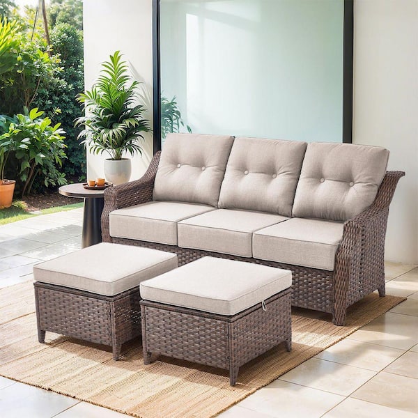 Circle Brown 3-Piece Wicker Outdoor Sectional Couch Patio 3-Seat Sofa with Multifunctional Ottomans Beige Cushions