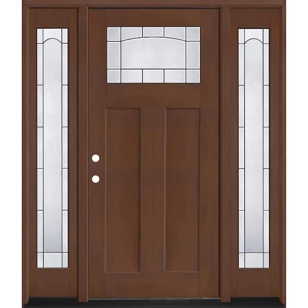Regency 68 in. x 80 in. 1/4 TopL Empire Glass RHIS Chestnut Mahogany Fiberglass Prehung Front Door w/14in-FullSLs 4-9/16