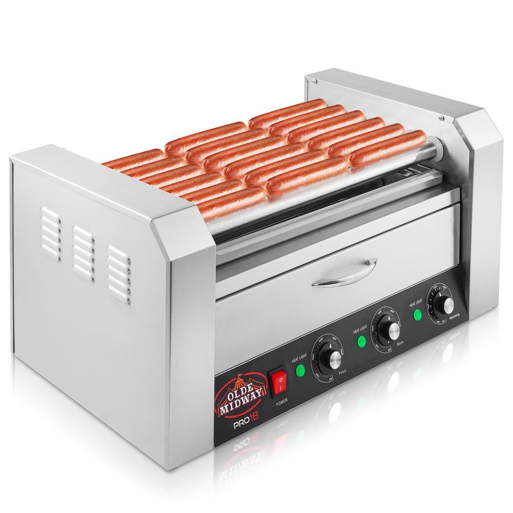 18 Hot Dog Silver Stainless Steel Electric 5 Roller Indoor Grill Cooker Machine with Bun Warming Drawer 1100-Watt