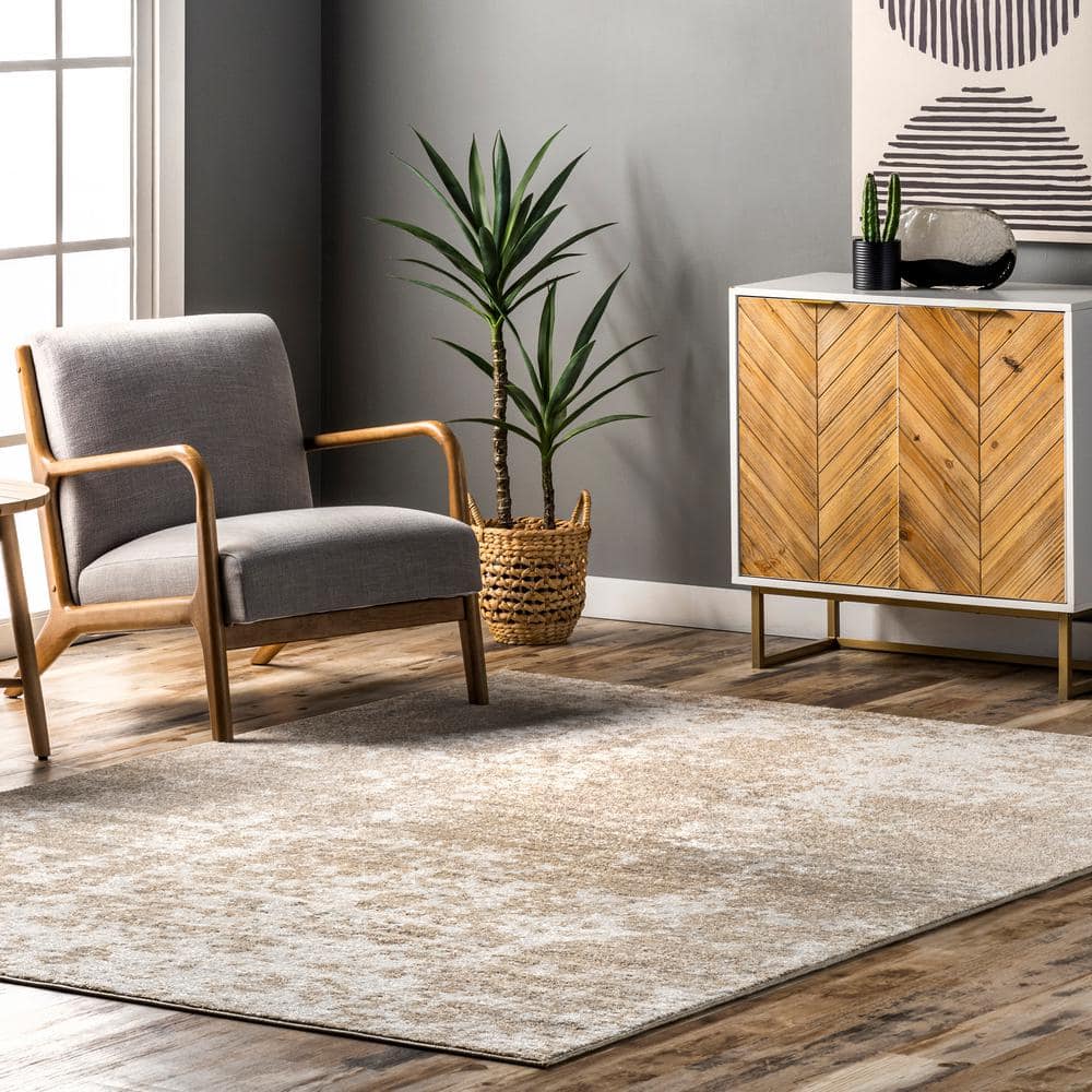 Beige Abstract Synthetic 8' x 10' Oval Area Rug