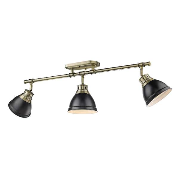 Golden Lighting Duncan 6.5 in. 3-Light Aged Brass Semi-Flush Mount with Black Shade and No Bulbs Included