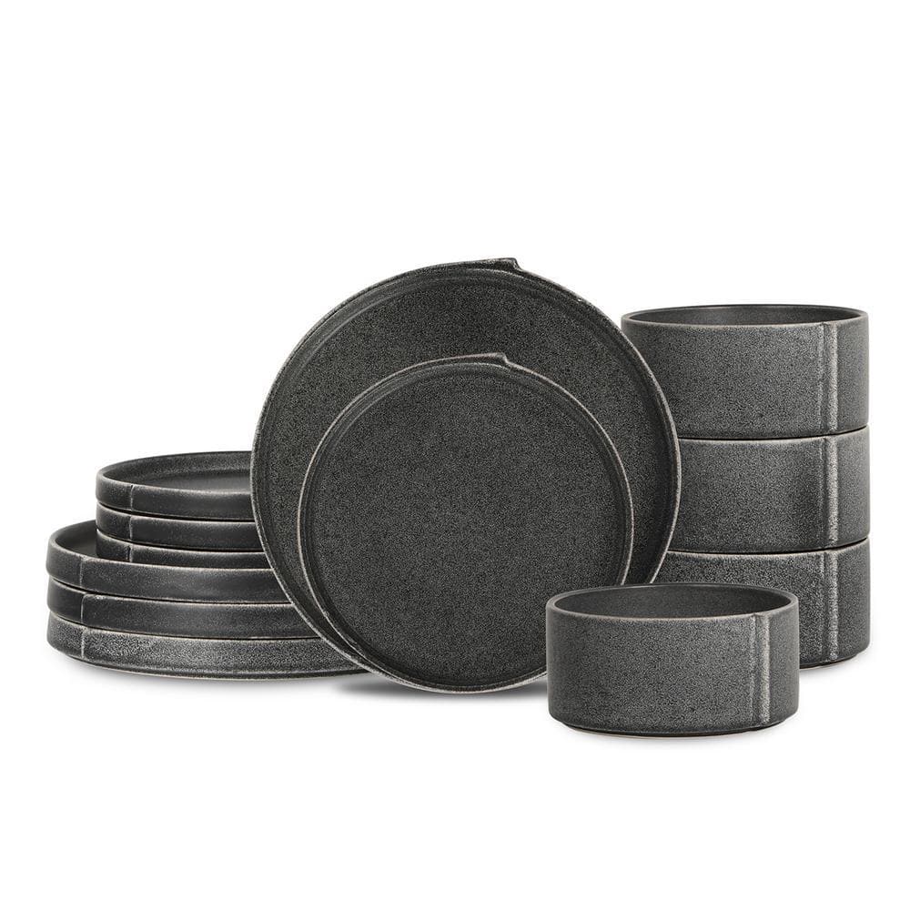 クレマチス様　プロライト BOA 24cm 黒/グレー STONE LAIN Bao 12-Piece Charcoal-Gray Stoneware Dinnerware Set