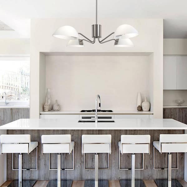 4-Light Nickel Hanging Linear Island Chandelier Lighting Fixture with Glass Shade for Kitchen Island