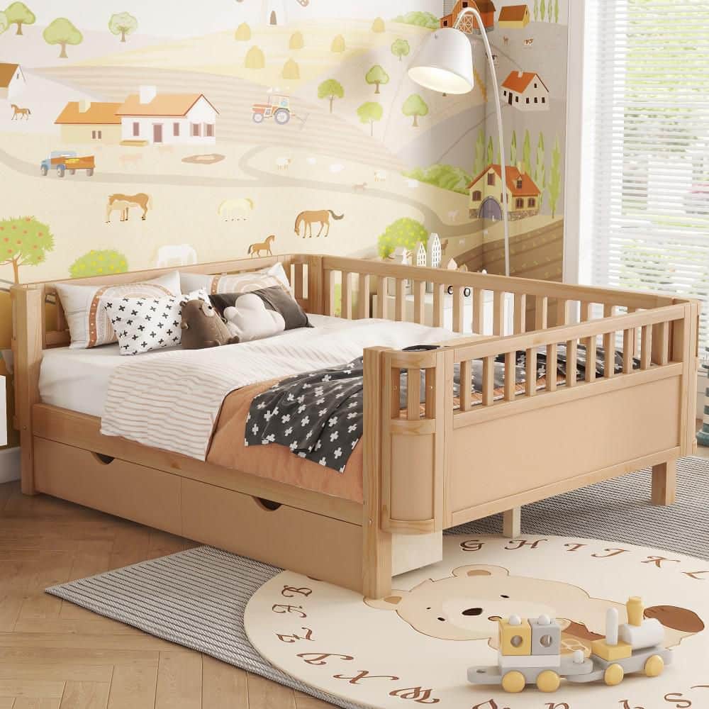 Natural Wood Frame Full Size Upholstered Platform Bed with Rails