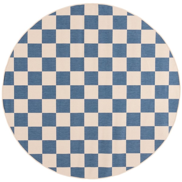 Courtyard 7 ft. x 7 ft. Blue/Beige Checkered Indoor/Outdoor Round Rug