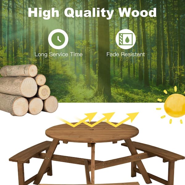 Costway 6-person Round Wooden Picnic Table Outdoor Table