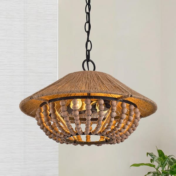 Parrot Uncle 17.7 in. 2-Light Farmhouse Hemp Rope Wood Beads Hanging Chandelier Pendant Light for Living House Kitchen Island