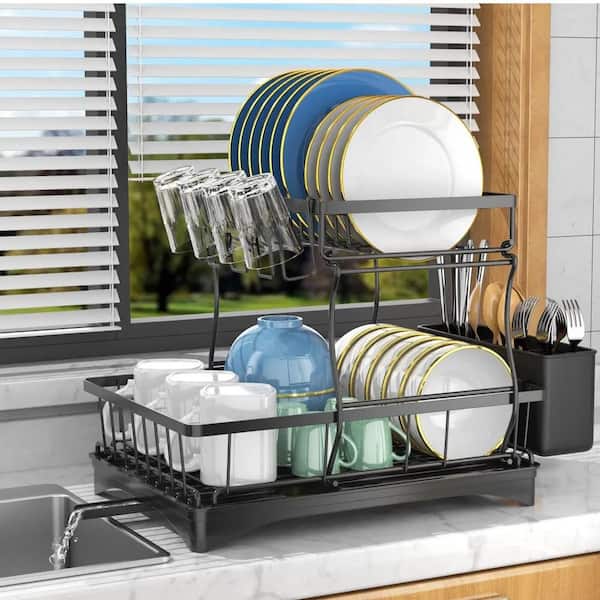 Numhew Tableware Dish Drying Rack, Stainless Steel Dish Rack and Drainage Plate Set with Rotating Water Outlet Drainage