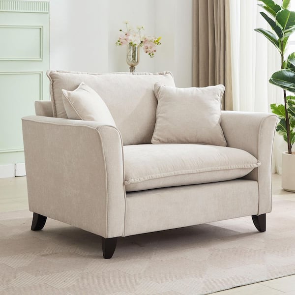 Harper & Bright Designs Cream White Chenille Oversized Armchair, Elegant Ruffled Armrests Accent Chair with 2 Pillows, Solid Rubberwood Legs
