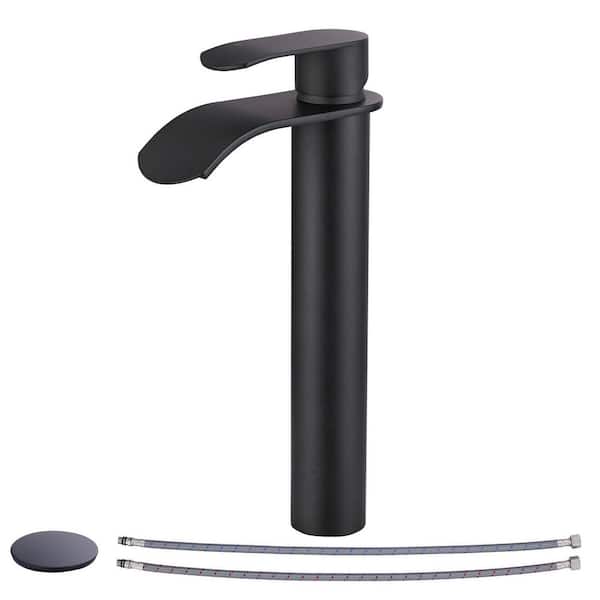 Single Handle High-Arc Single Hole Bathroom Faucet with Pop Up Drain Included and Waterfall Spout in Matte Black