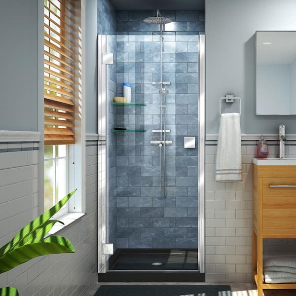 DreamLine Lumen 42 in. x 72 in. Semi-Frameless Hinged Shower Door in Chrome with 42 in. x 42 in. Base in Black