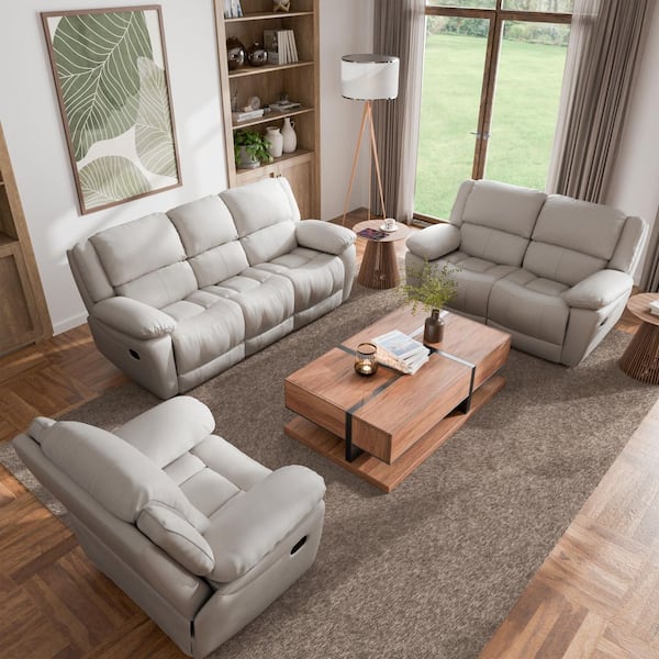 Loure 3-Piece Off White Leather Match Reclining Living Room Set with Pillow Top Arms and Adjustable Headrest