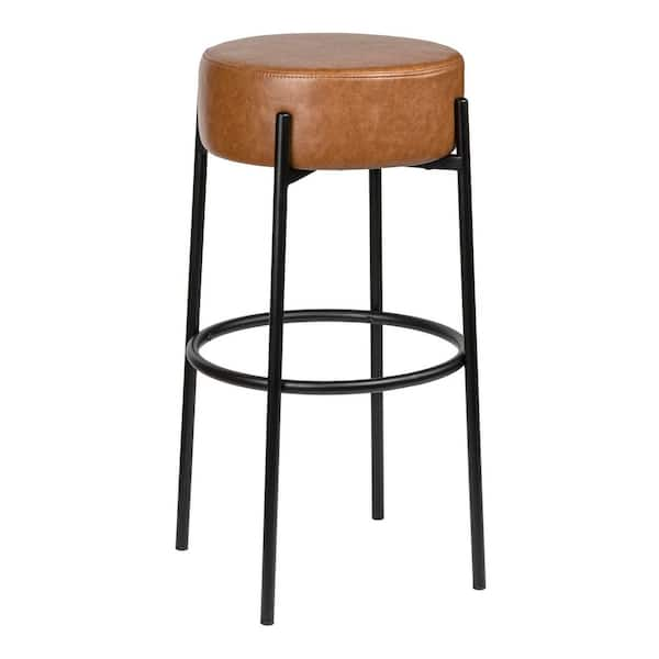 Paola 30 in. Modern Minimalist Round Backless Metal/Vegan Leather Cushioned Bar Stool, Caramel Brown/Black