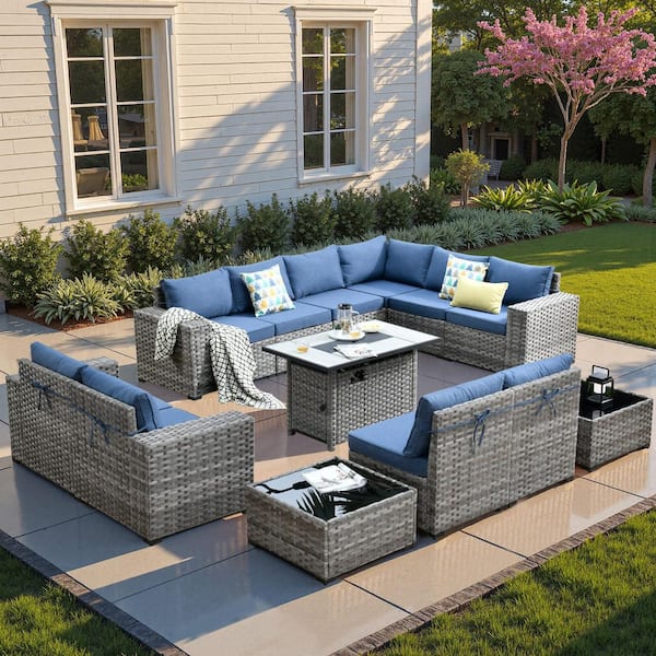 HOOOWOOO Tahoe Grey 13-Piece Wicker Wide Arm Outdoor Patio Conversation Sofa Set with a Fire Pit and Denim Blue Cushions