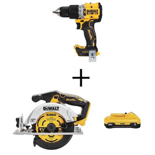 DEWALT 20V Compact Cordless 1/2 in. Hammer Drill, 20V Cordless Brushless 6-1/2 in. Circular Saw, and 20V 4.0Ah Compact Battery