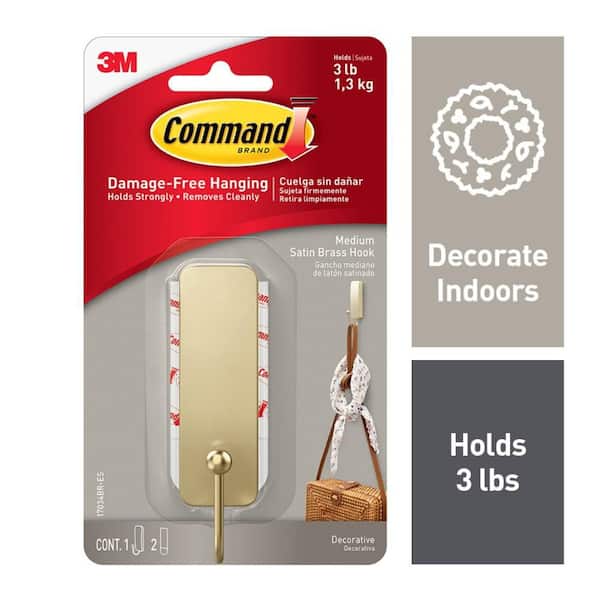 Command Medium Decorative Hooks, Matte Satin Brass, Damage Free Decorating, 1 Hook and 2 Strips