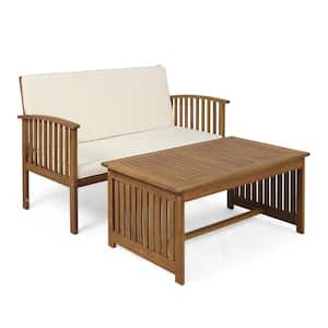Carolina Brown 2-Piece Wood Outdoor Patio Conversation Set with Cream Cushions