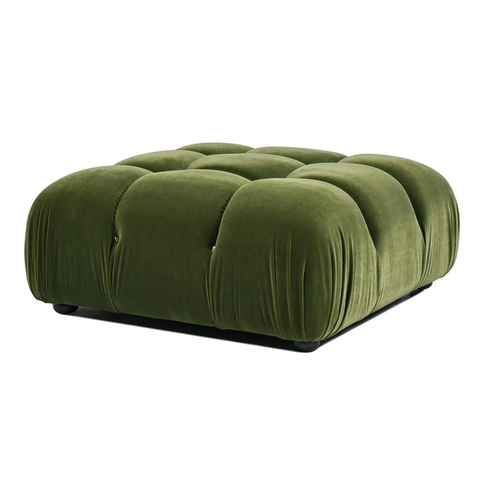 Olive Green Velvet Tufted Square Ottoman