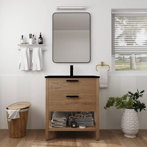 Cesicia High Qquality 30 in. W x 18.3 in. D x 33.5 in. H Freestanding Bath Vanity in Imitative Oak with Black Ceramic Top