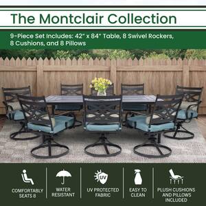 Montclair 9-Piece Steel Outdoor Dining Set with Ocean Blue Cushions, 8 Swivel Rockers and 42 in. x 84 in. Table