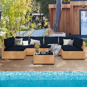 Yellow 7-Piece Wicker Patio Conversation Seating Set with Navy Blue Cushions