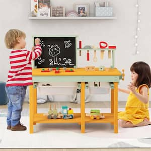 Kids Wooden Toy Workbench with Storage Space and Blackboard Tool Accessories