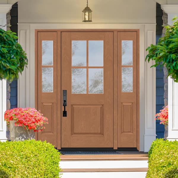 Regency 64 in. x 80 in. 1/2-4Lite Clear Glass RH AutumnWheat Stain Mahogany Fiberglass Prehung Front Door w/Dbl 12in.SL