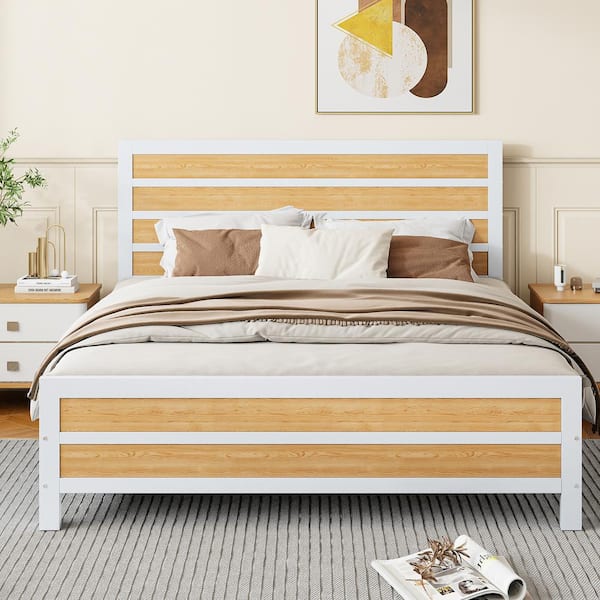 Qualler White Metal Frame Queen Size Platform Bed with Underneath Storage