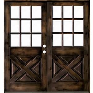 64 in. x 80 in. Knotty Alder 2 Panel Left-Hand/Inswing 1/2 Lite Clear Glass Black Stain Double Wood Prehung Front Door