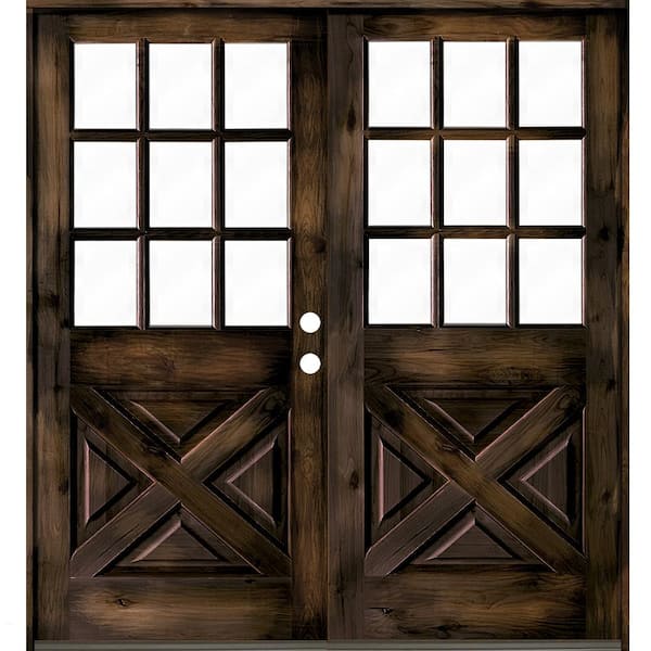 Krosswood Doors 72 in. x 80 in. Knotty Alder 2-Panel Left-Hand/Inswing 1/2 Lite Clear Glass Black Stain Double Wood Prehung Front Door