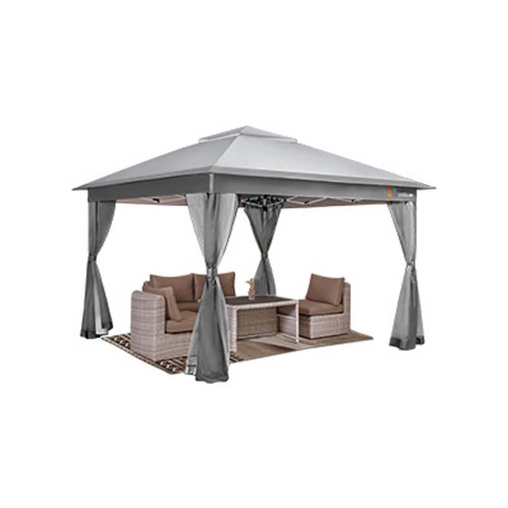 11 ft. x 11 ft. Grey Pop Up Gazebo with Mosquito Netting Outdoor Instant Ca