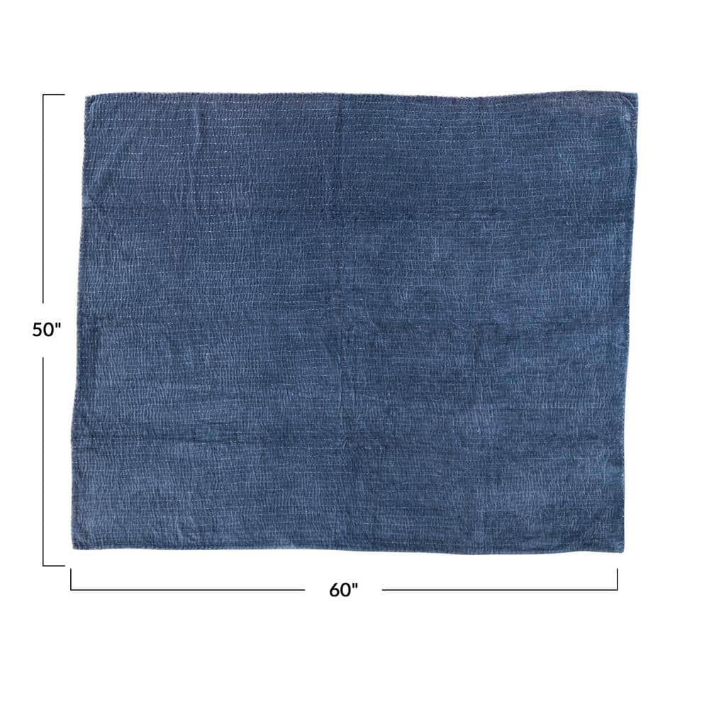 Navy Blue Cotton Velvet Throw Blanket with Kantha Stitch