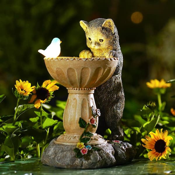 10 in. Gray Solar Cat Bird Feeder-Resin Outdoor Statues Outdoor Automatic Solar Birdbath for Garden Yard